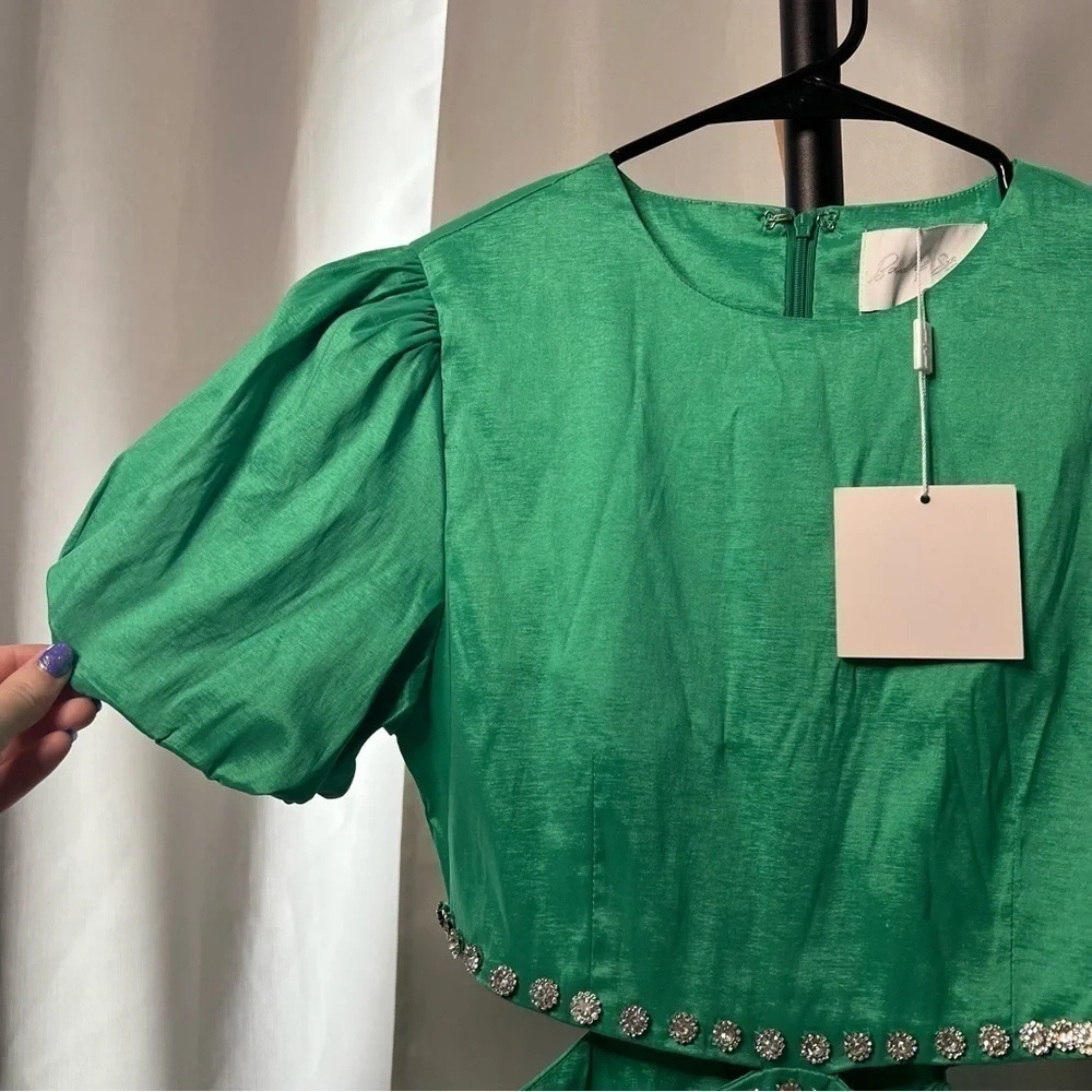Band of Stars Green Puff Sleeve Rhinestone Cutout Dress Size 8 - Picture 8 of 13